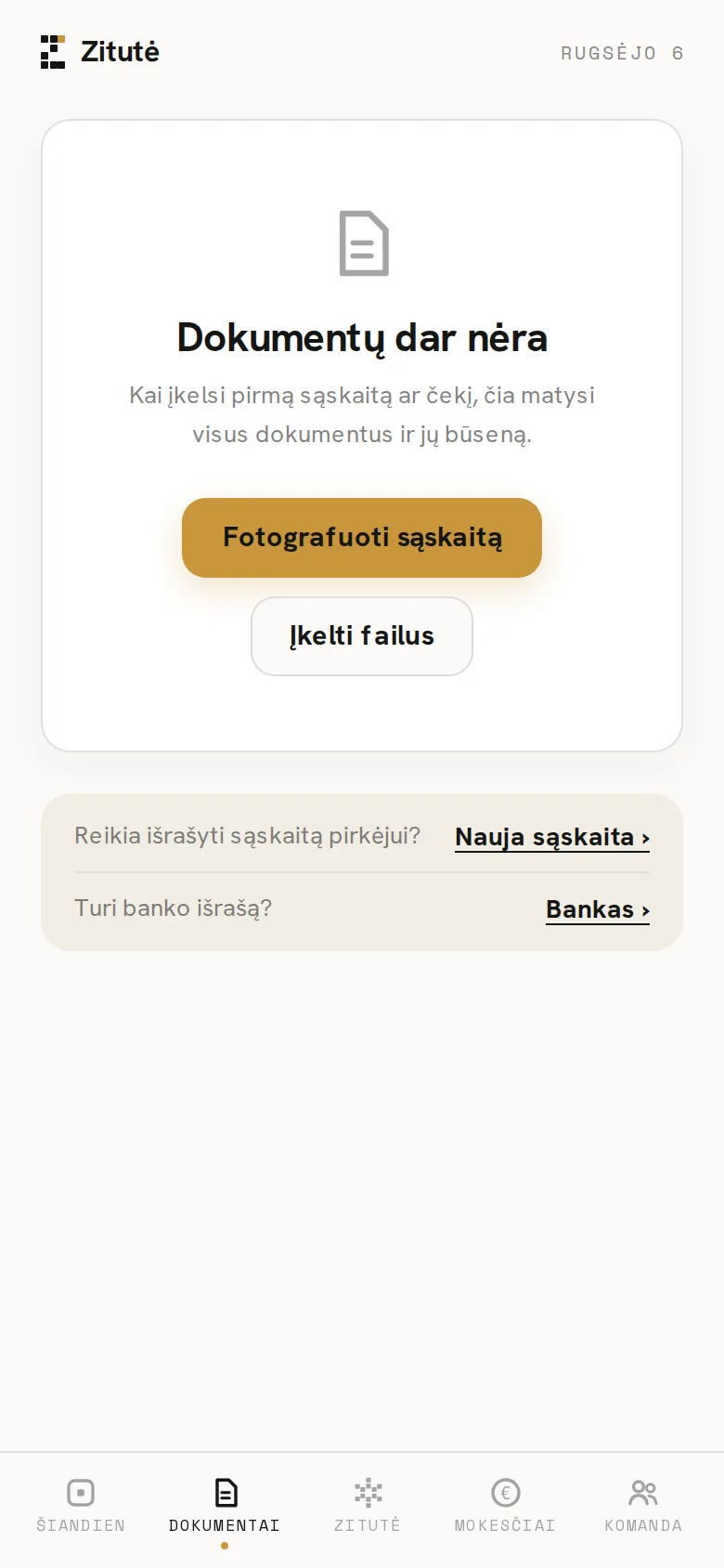 Zitutės programėlės ekranas telefone: Skiltis Dokumentai