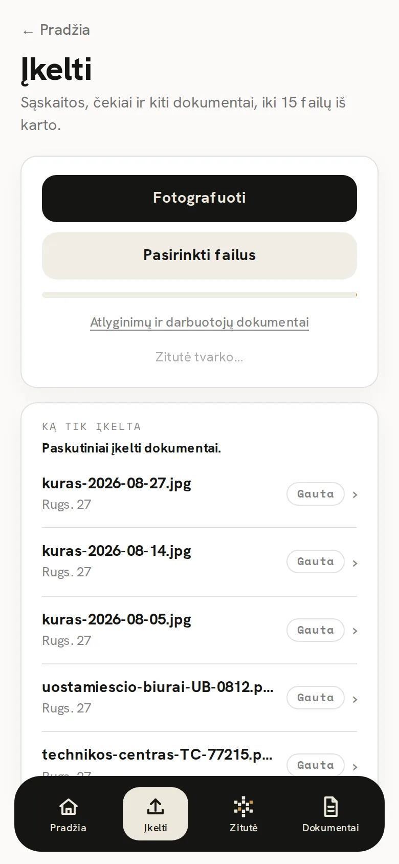 Zitutės ekranas: ką tik įkelti dokumentai