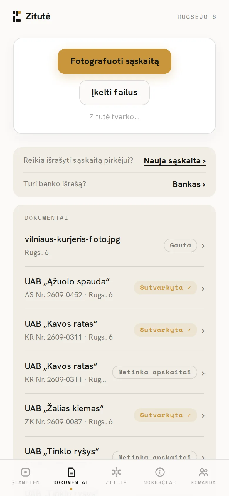 Zitutės programėlės ekranas telefone: Gauta, Zitutė tvarko