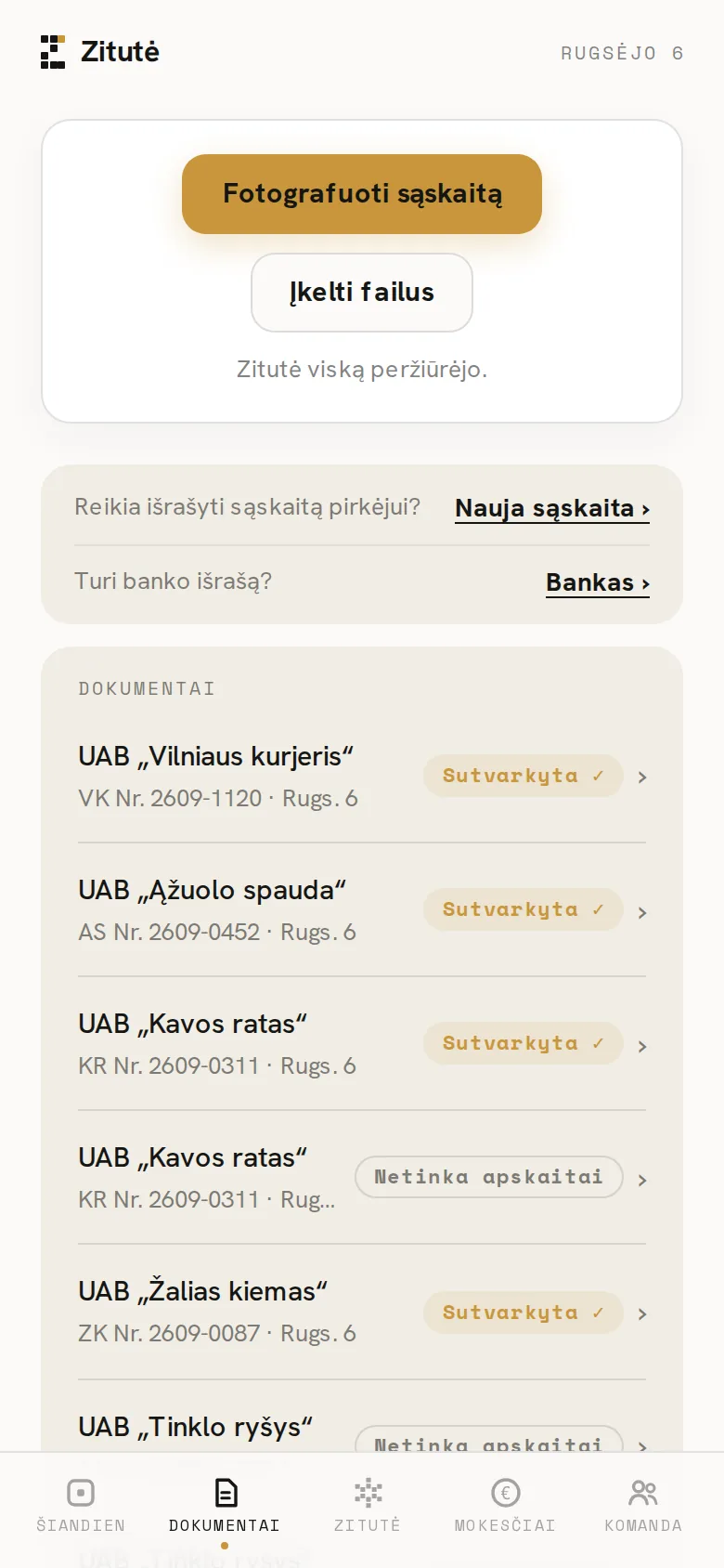 Zitutės programėlės ekranas telefone: Sutvarkyta