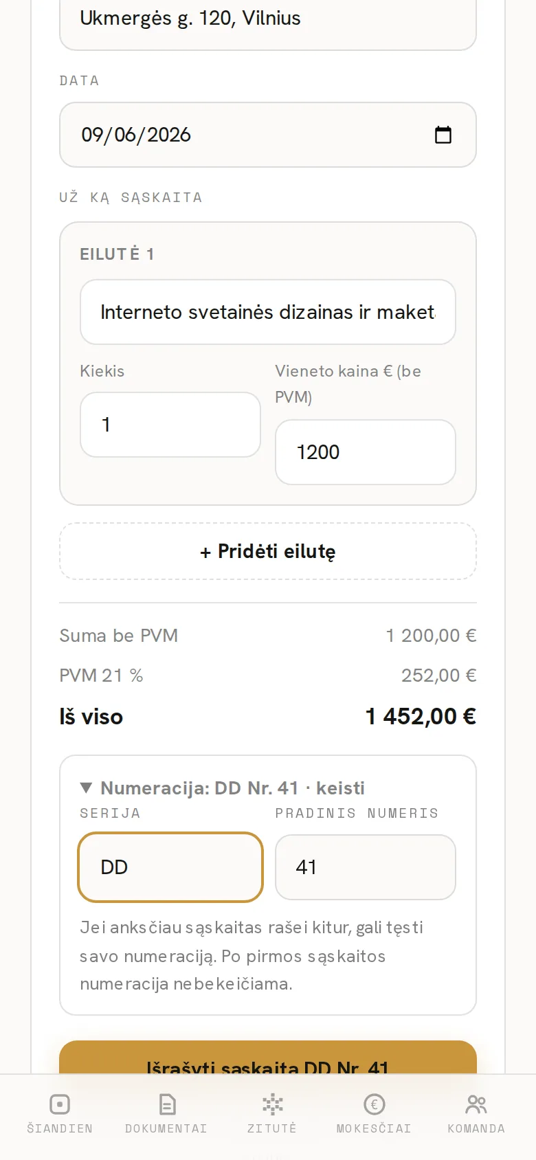 Zitutės programėlės ekranas telefone: Sumos ir numeracija