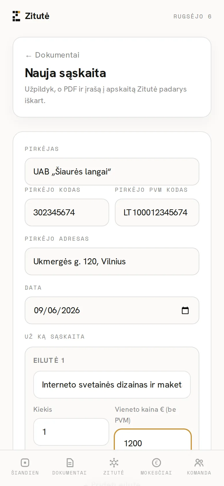 Zitutės programėlės ekranas telefone: Forma: pirkėjas ir eilutė