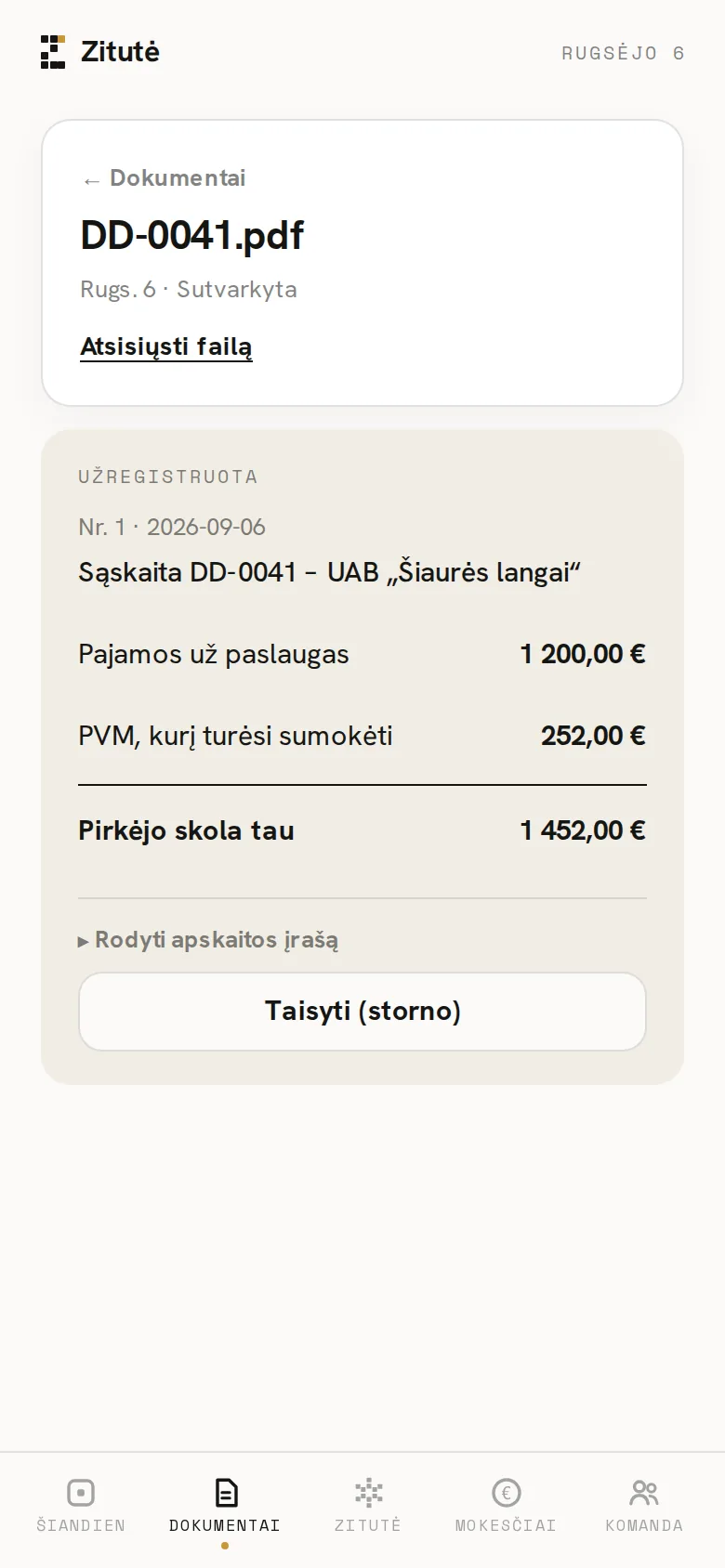 Zitutės programėlės ekranas telefone: Išrašyta ir užregistruota