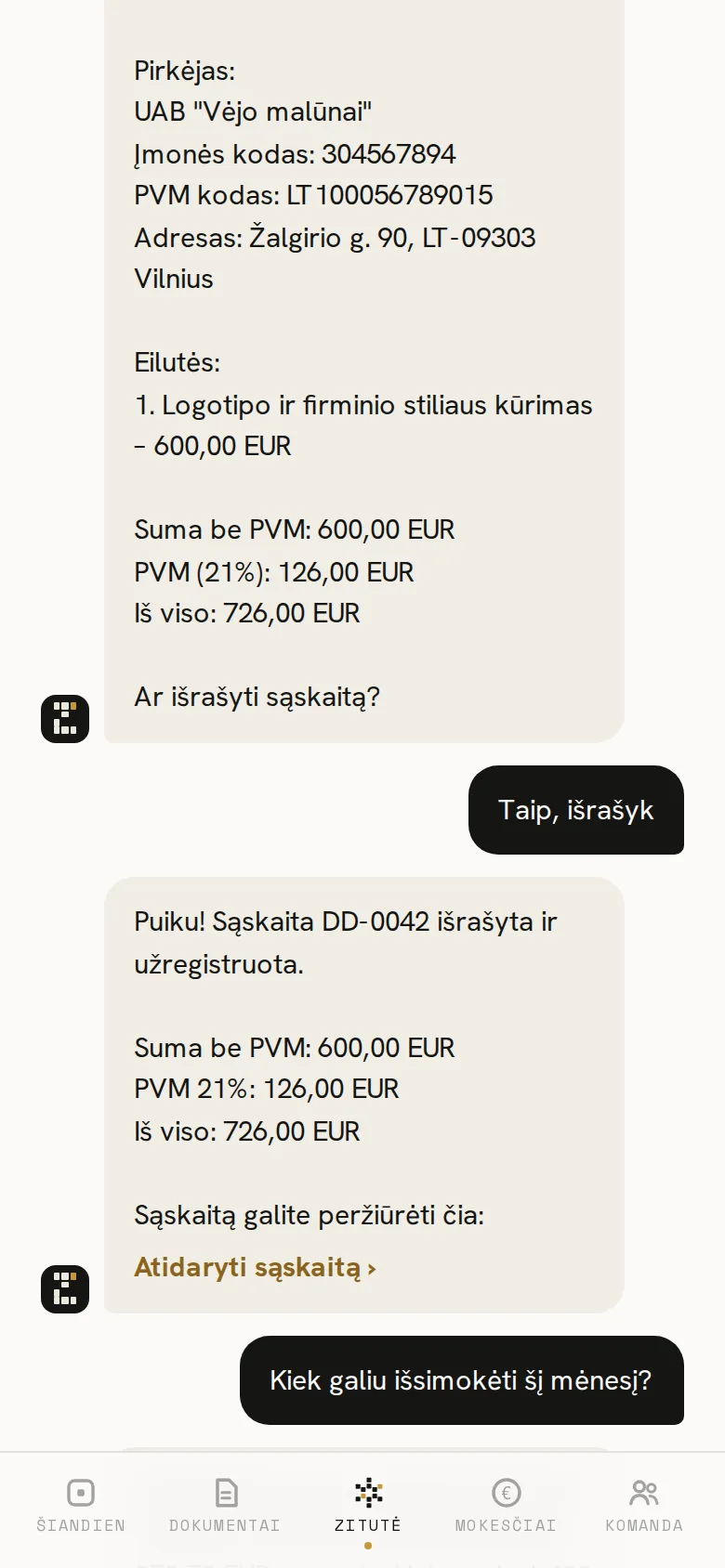 Zitutės programėlės ekranas telefone: Vienas „Taip“ ir sąskaita išrašyta