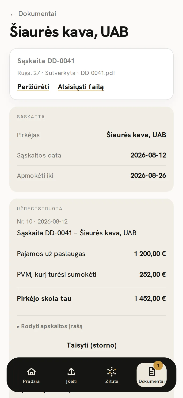 Zitutės programėlės ekranas: Pardavimo sąskaita išrašyta ir užregistruota