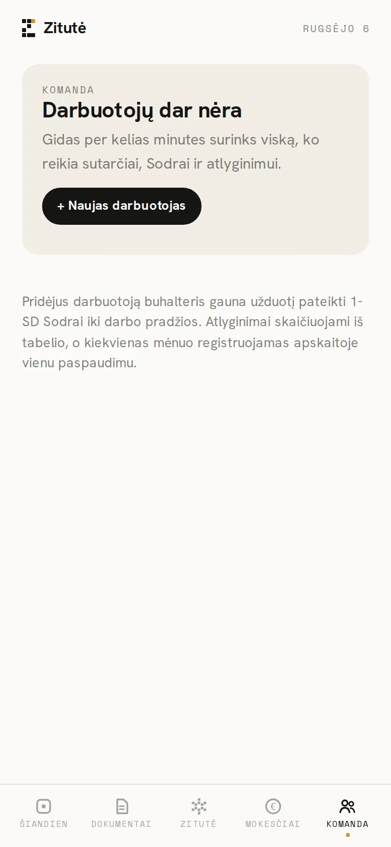 Zitutės programėlės ekranas telefone: Skiltis Komanda