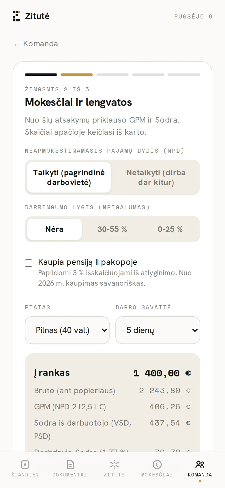 Zitutės programėlės ekranas telefone: 2 žingsnis: mokesčiai ir lengvatos