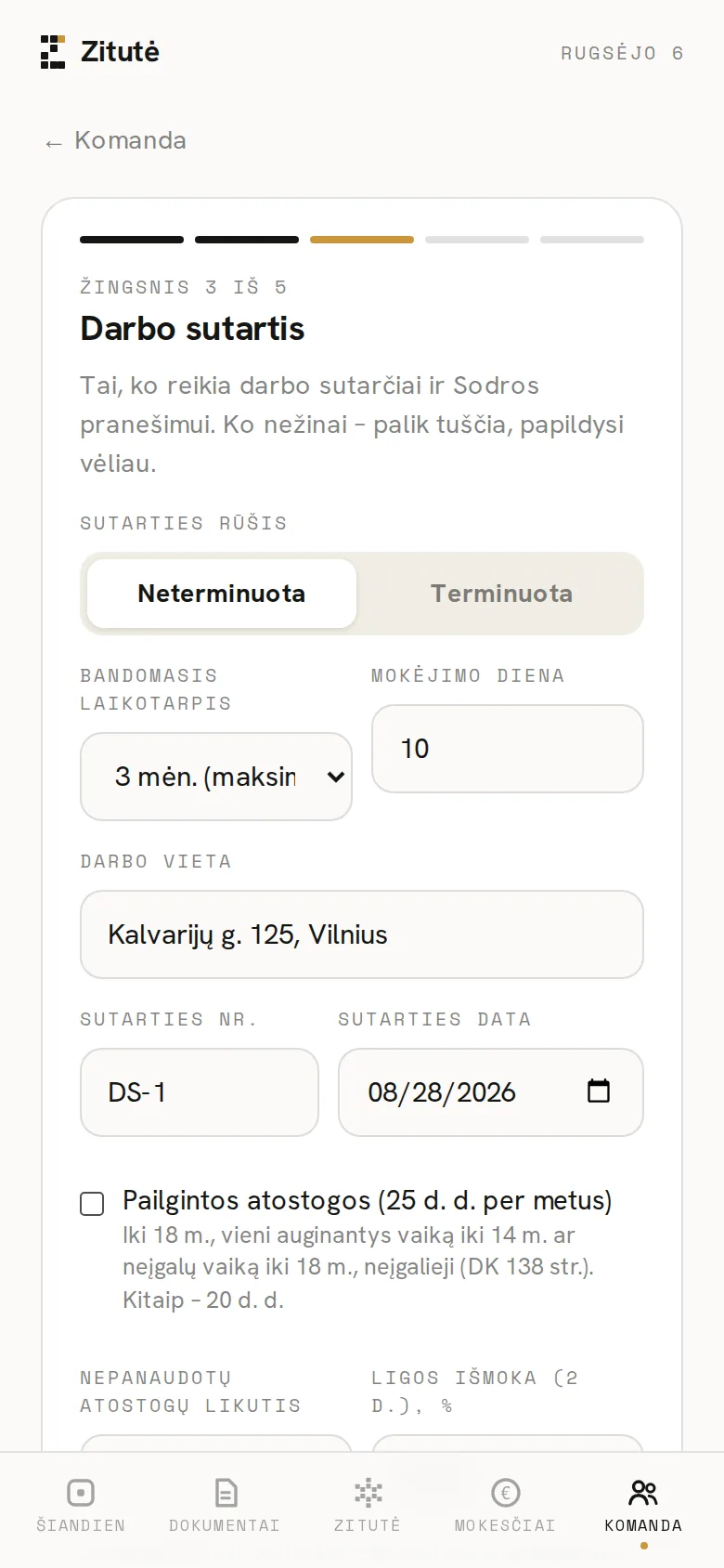 Zitutės programėlės ekranas telefone: 3 žingsnis: sutartis