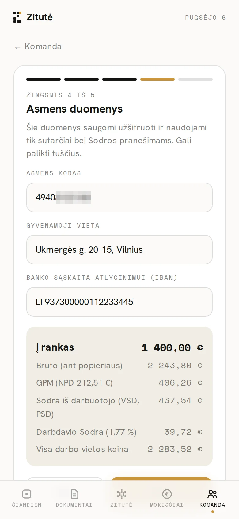 Zitutės programėlės ekranas telefone: 4 žingsnis: asmens duomenys