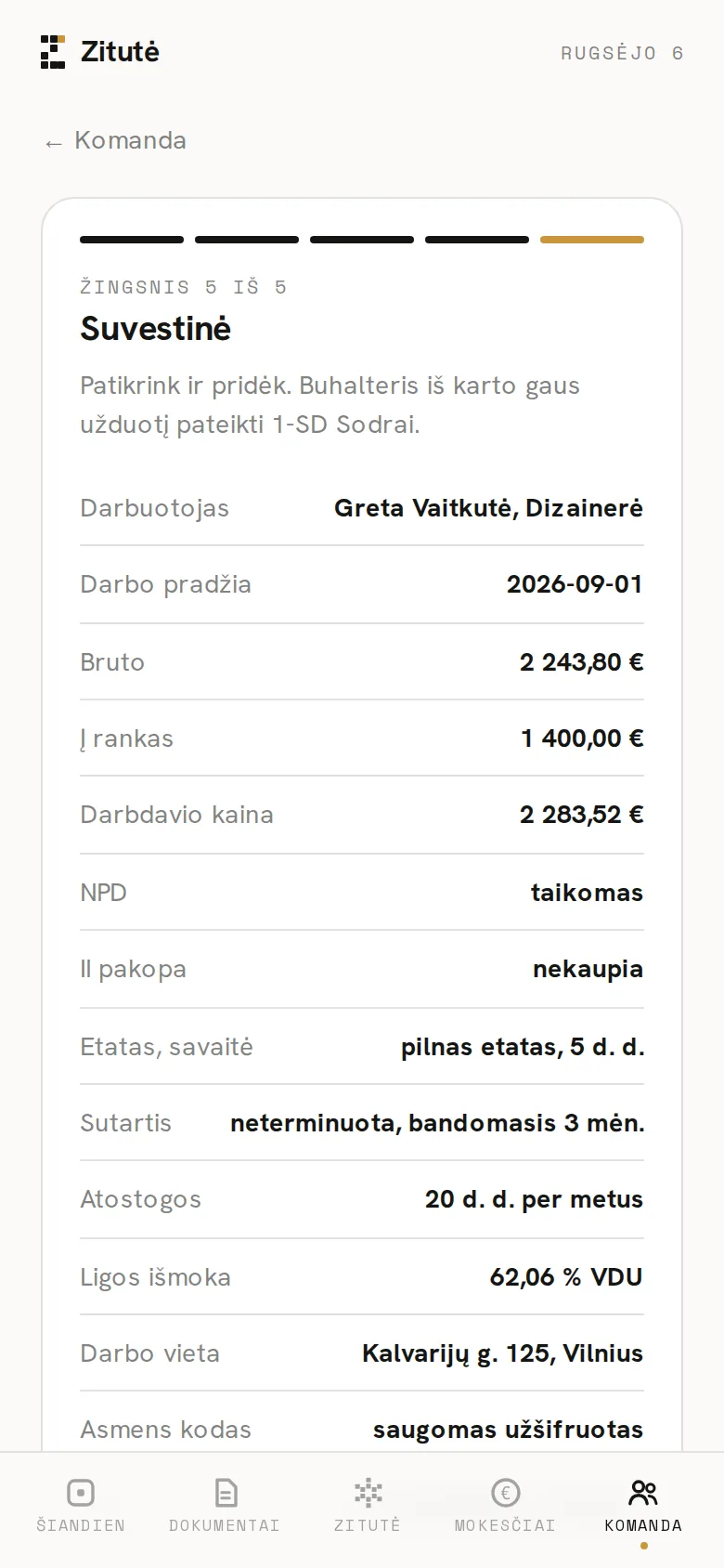 Zitutės programėlės ekranas telefone: 5 žingsnis: suvestinė