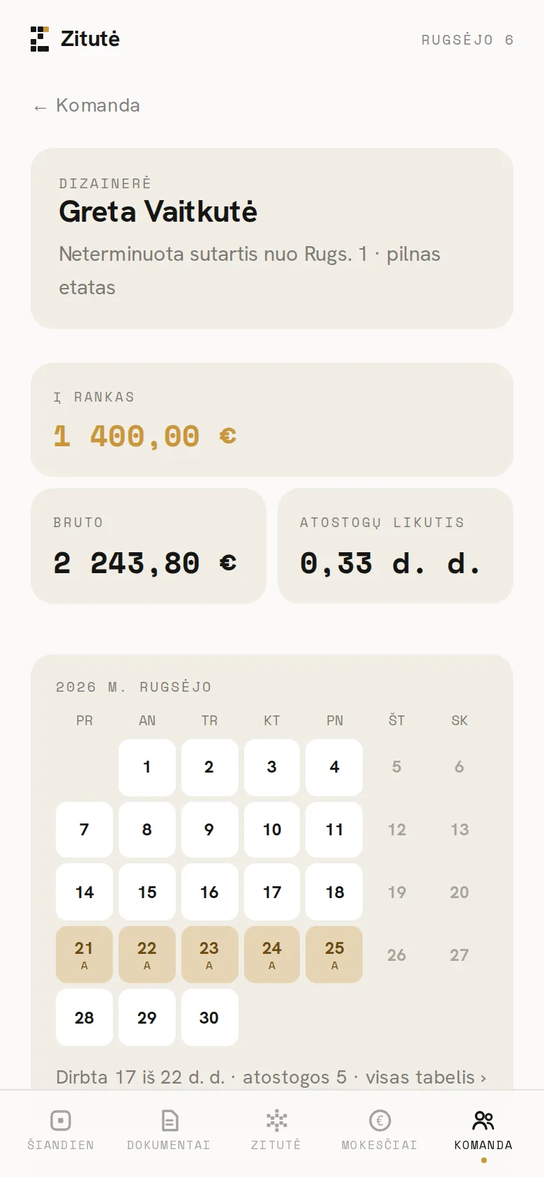 Zitutės programėlės ekranas telefone: Darbuotojo kortelė