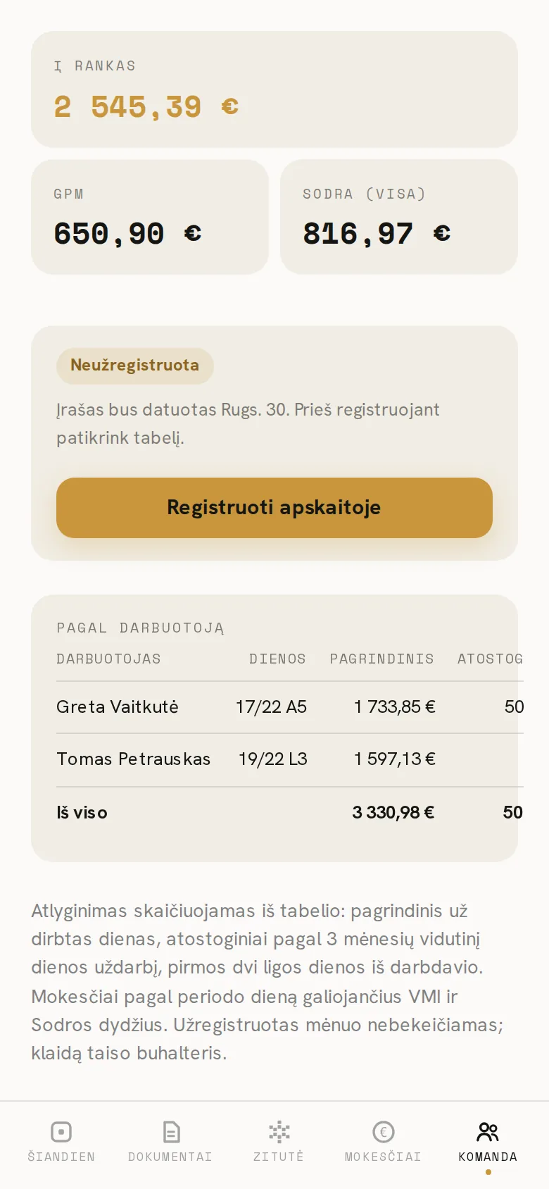Zitutės programėlės ekranas telefone: Atlyginimai iš tabelio