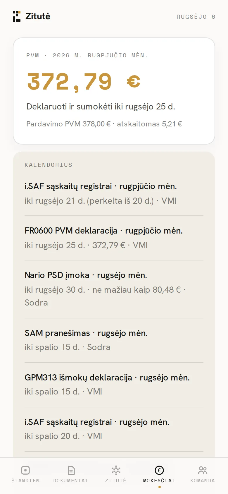 Zitutės programėlės ekranas telefone: PVM kortelė ir kalendorius