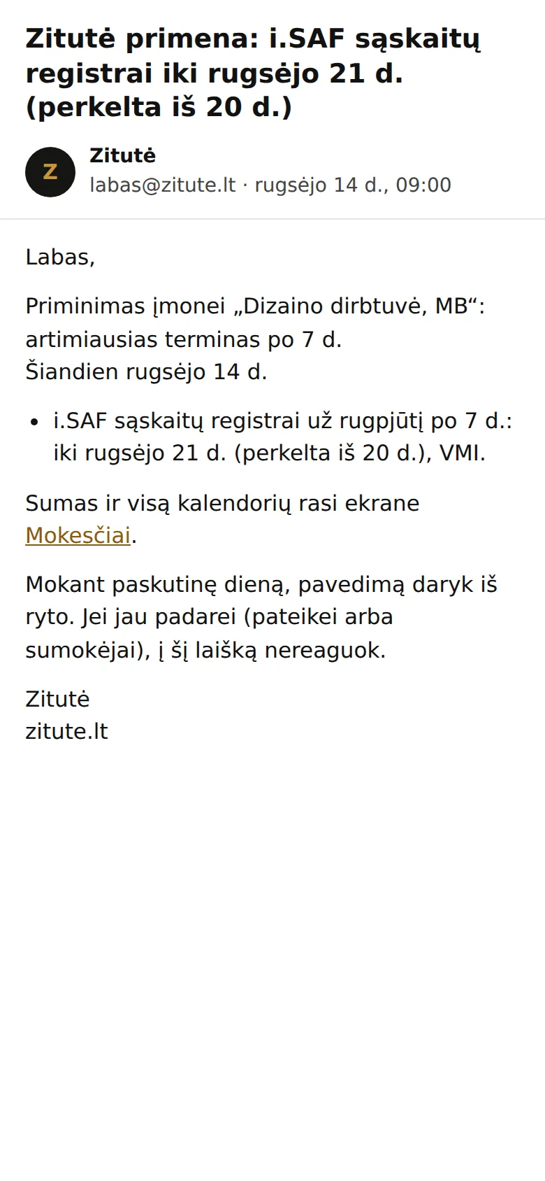 Zitutės programėlės ekranas telefone: Priminimas el. paštu
