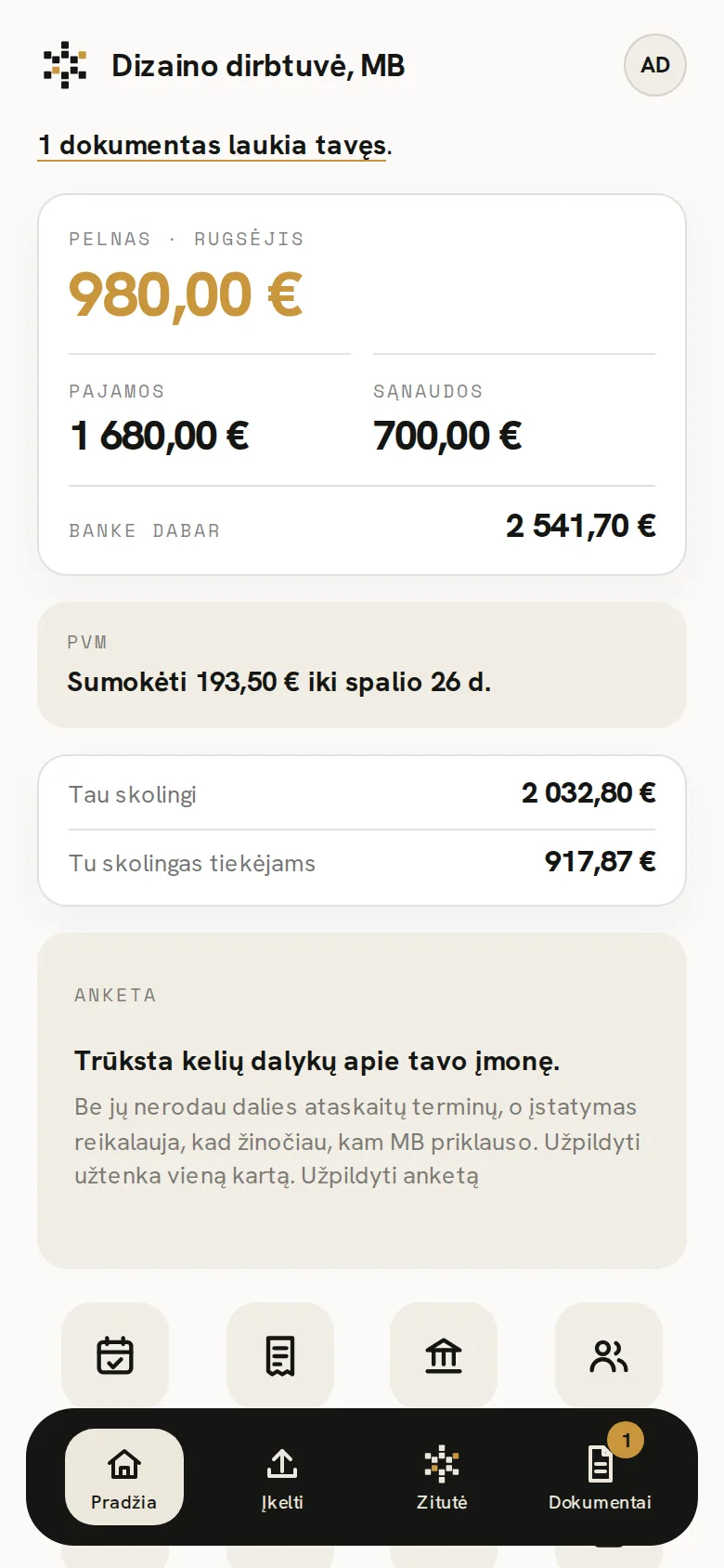 Zitutės programėlės ekranas: Pradžia: kas sutvarkyta ir ko Zitutė dar laukia