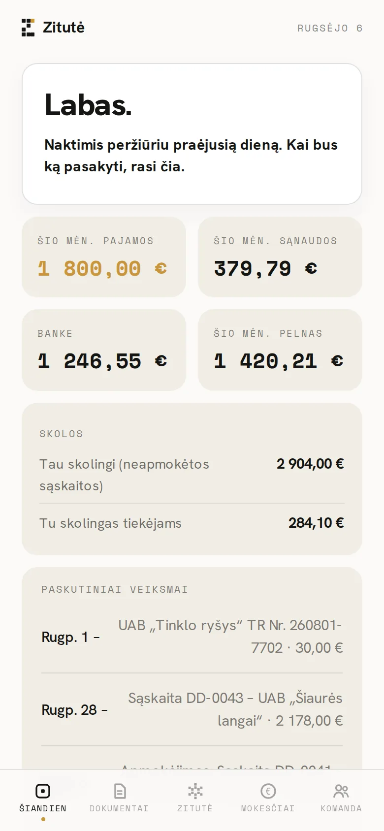 Zitutės programėlės ekranas telefone: Šiandien