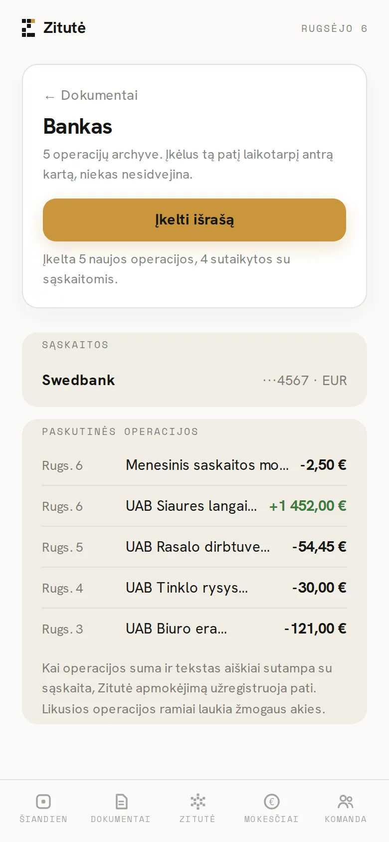 Zitutės programėlės ekranas telefone: Išrašas importuotas