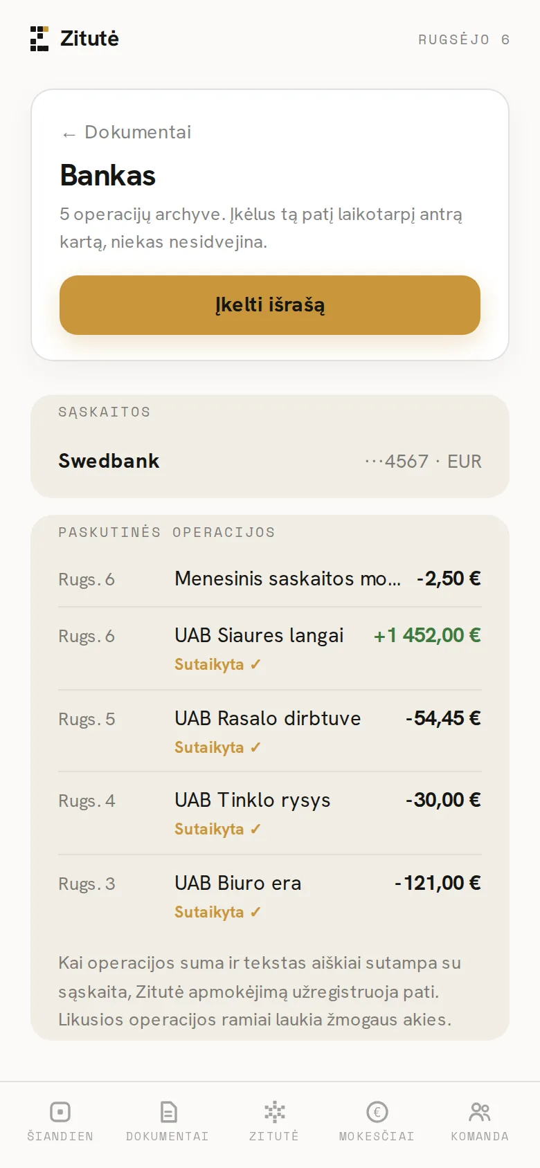 Zitutės programėlės ekranas telefone: Sutaikyta su sąskaitomis