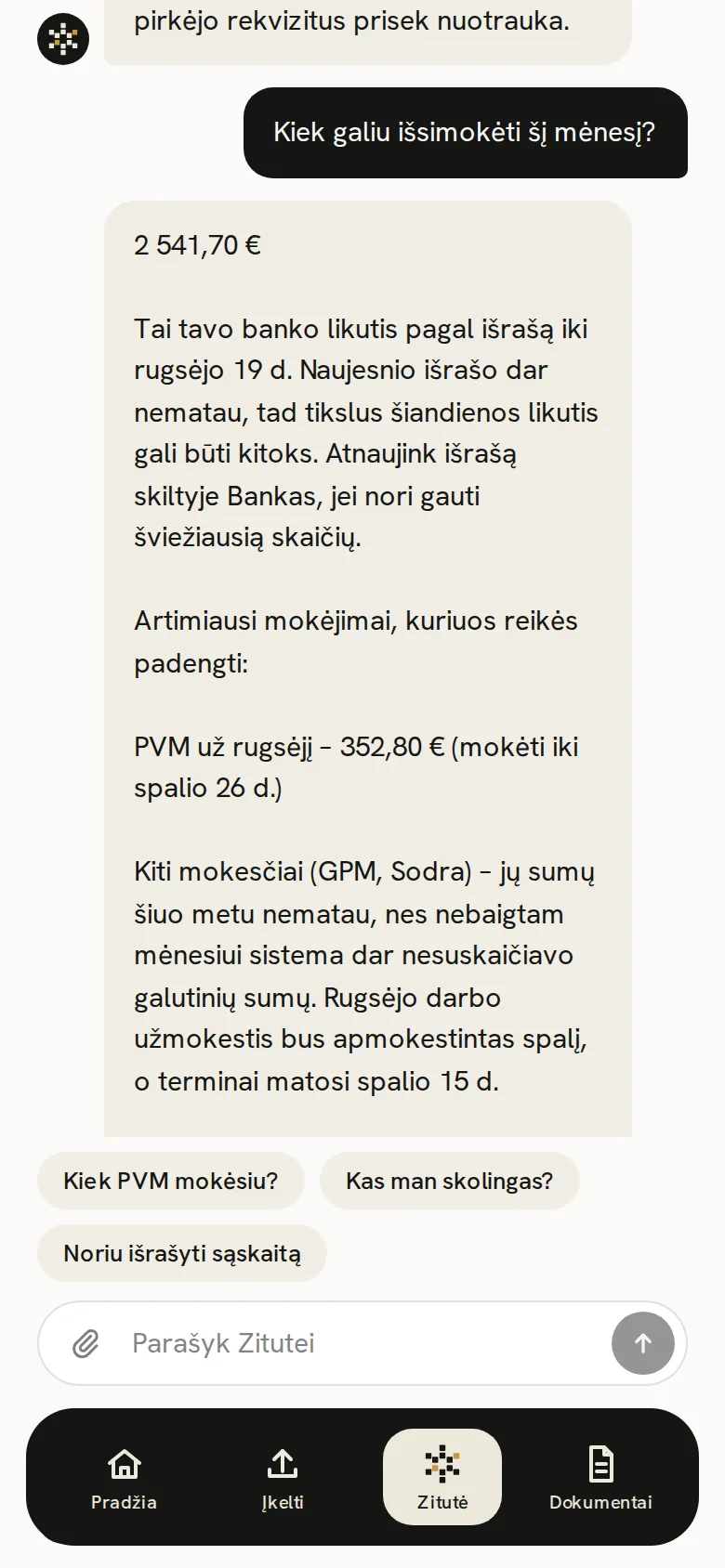 Zitutės programėlės ekranas: Klausi Zitutės, kiek gali išsimokėti