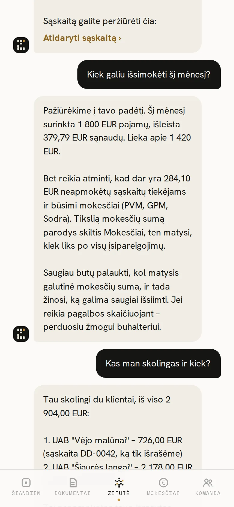 Zitutės programėlės ekranas telefone: Kiek galiu išsimokėti?