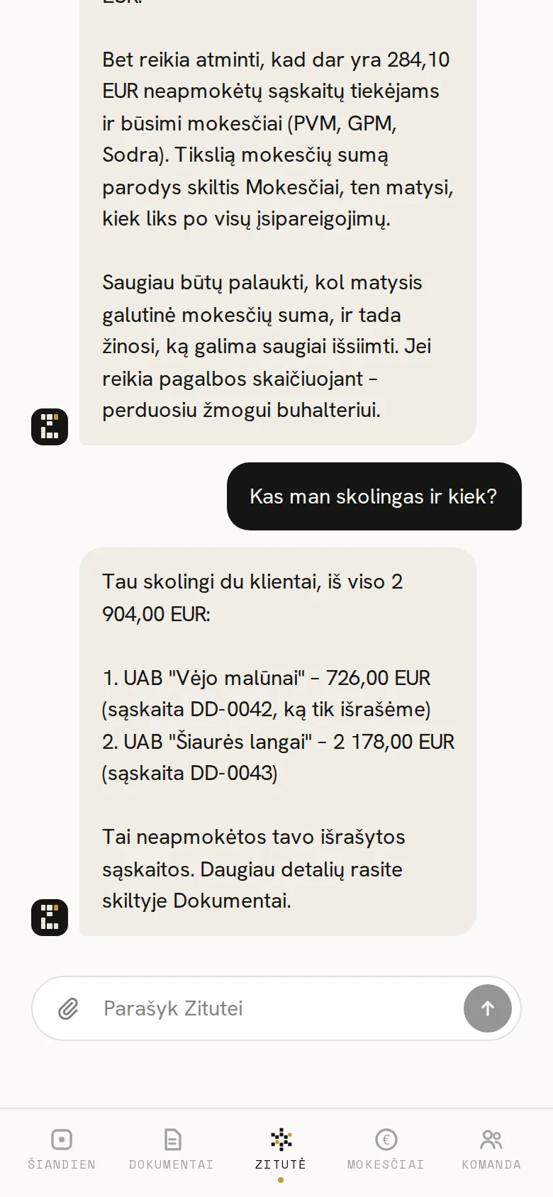Zitutės programėlės ekranas telefone: Kas man skolingas?