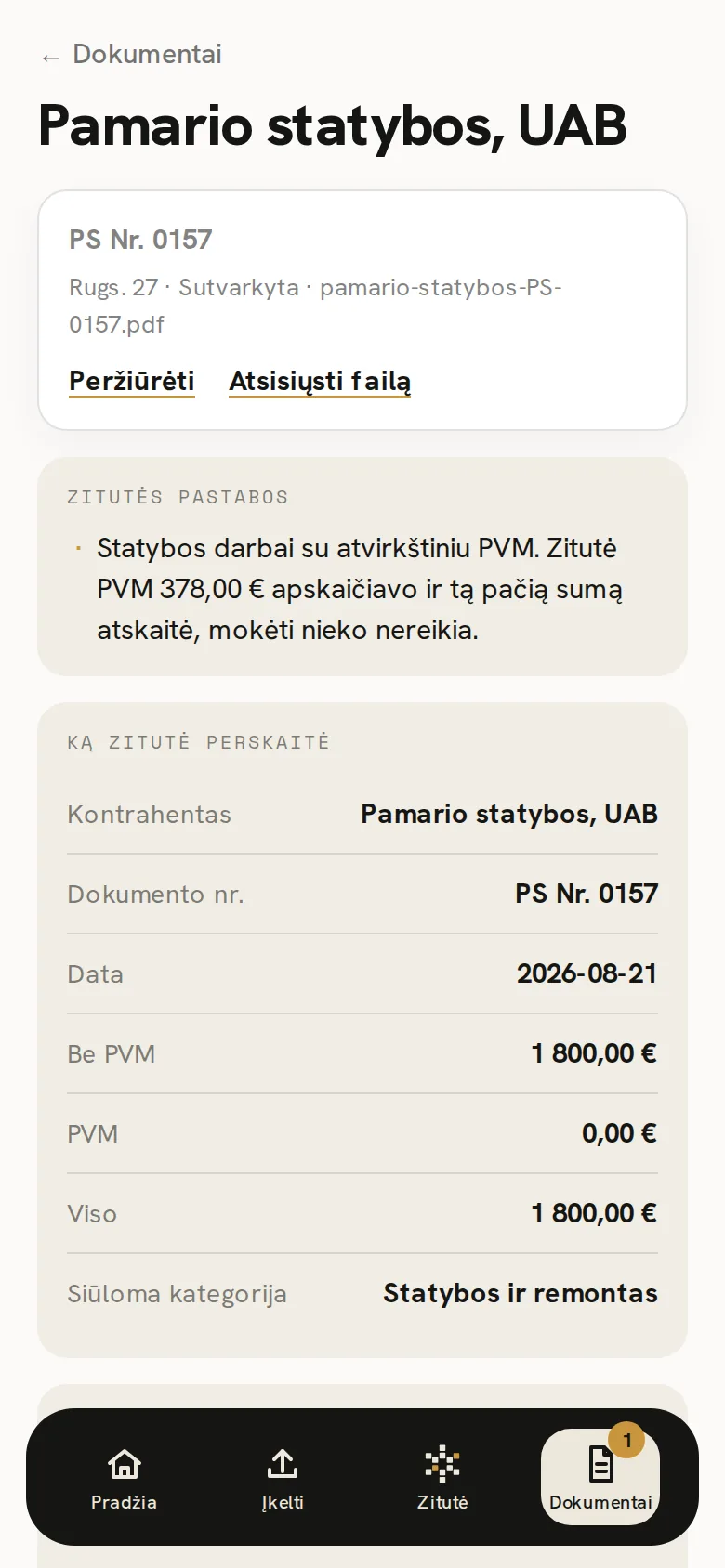 Zitutės ekranas: statybos darbų sąskaita su atvirkštiniu PVM